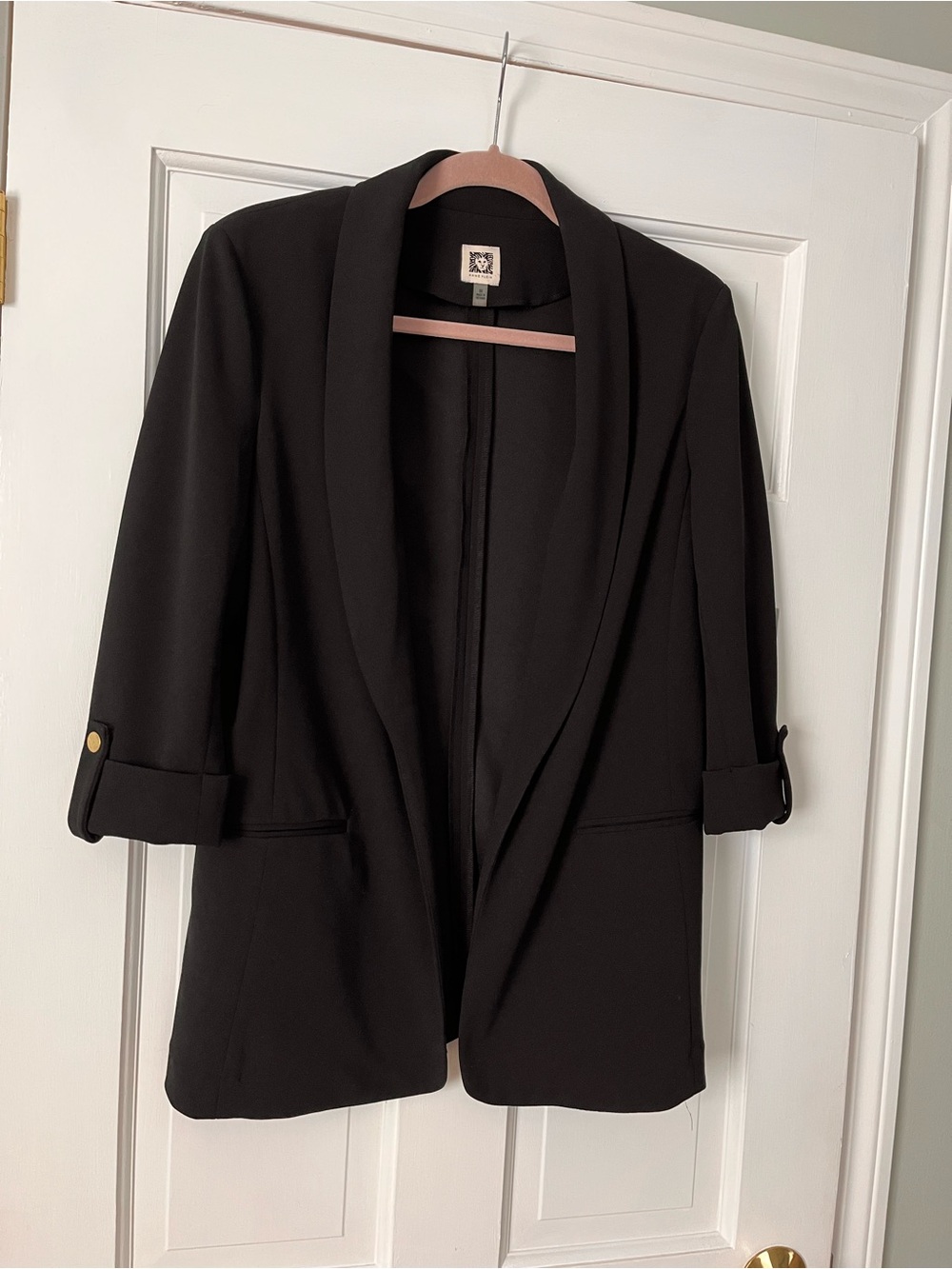 Anne Klein Black Shawl Collar Open-Front Blazer with Gold Buttons